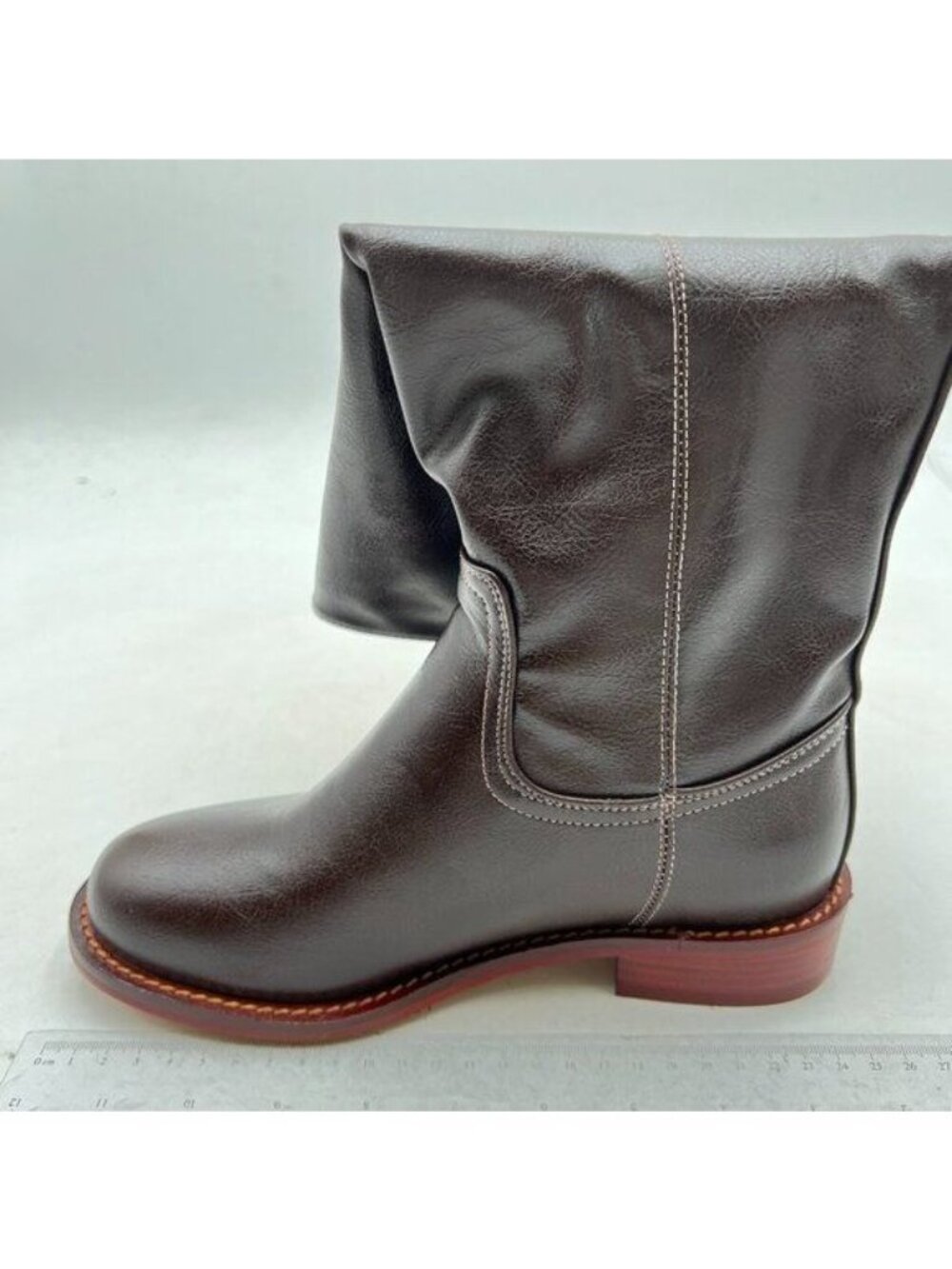 Women  Closed Round Toe Knee High Boots Pull On Riding Boot Low Heel Brown
